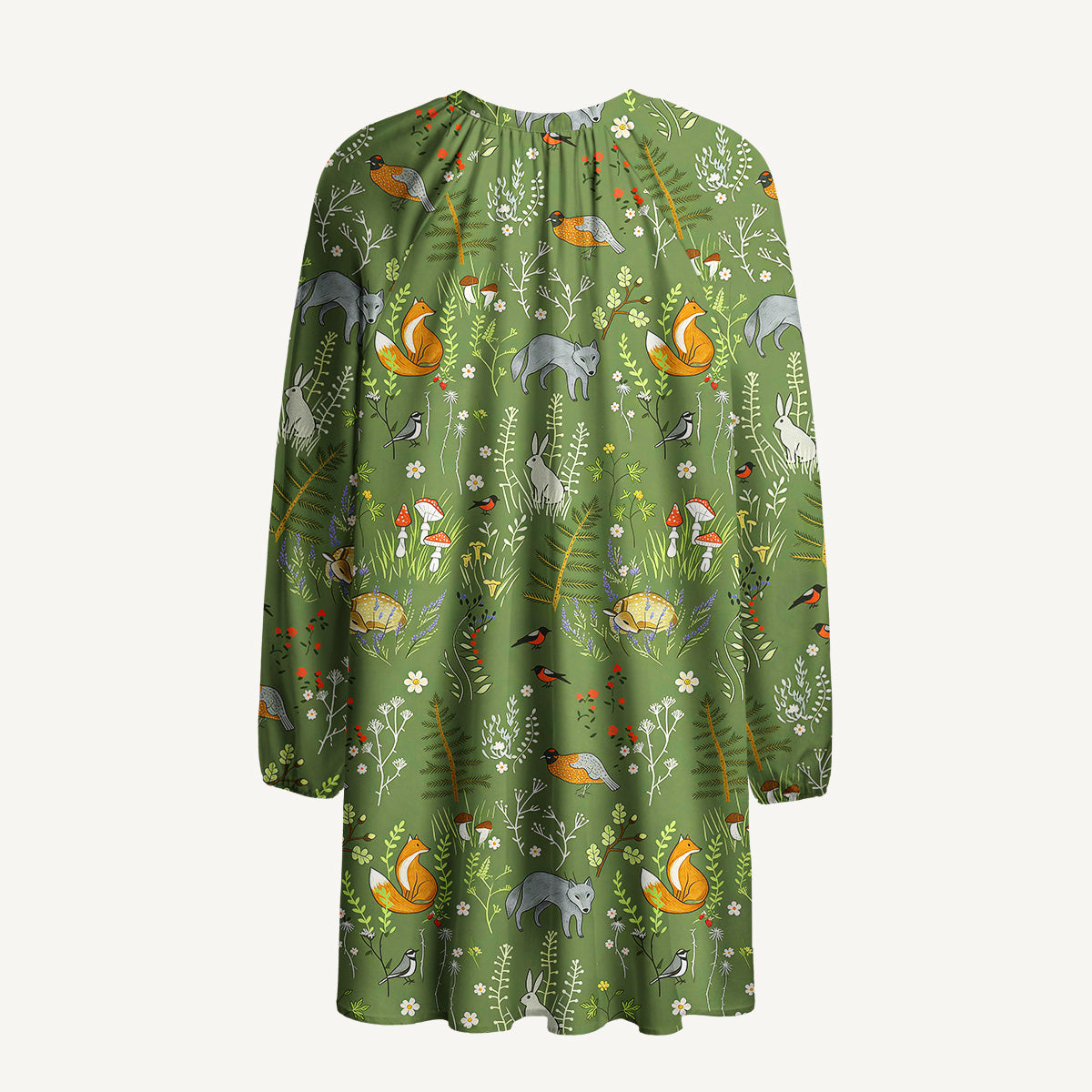 Whimsical Woodland Animals Print Boho Tie‑Neck Smock Mini Dress