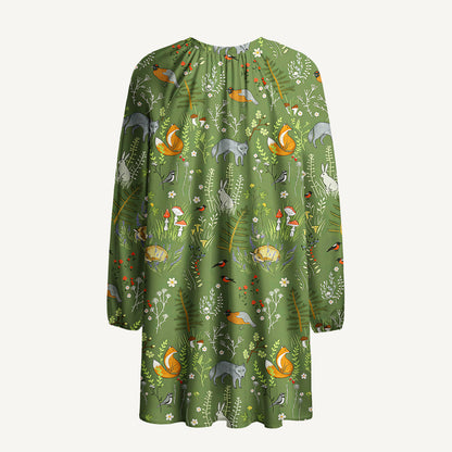 Whimsical Woodland Animals Print Boho Tie‑Neck Smock Mini Dress