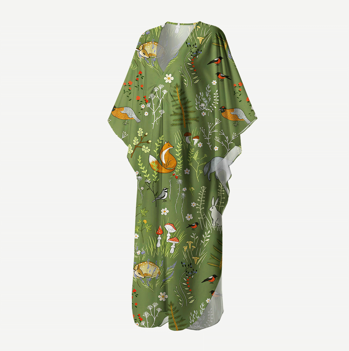 Whimsical Woodland Animals Kimono Sleeve Kaftan Dress
