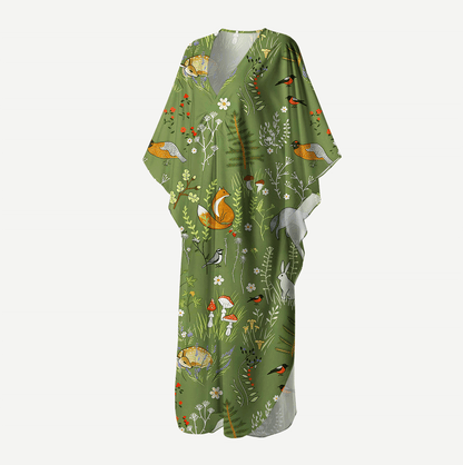 Whimsical Woodland Animals Kimono Sleeve Kaftan Dress