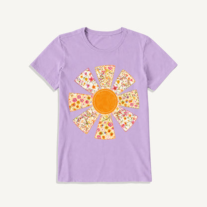 Golden Patchwork Daisy Print Crew Neck Cotton Tee