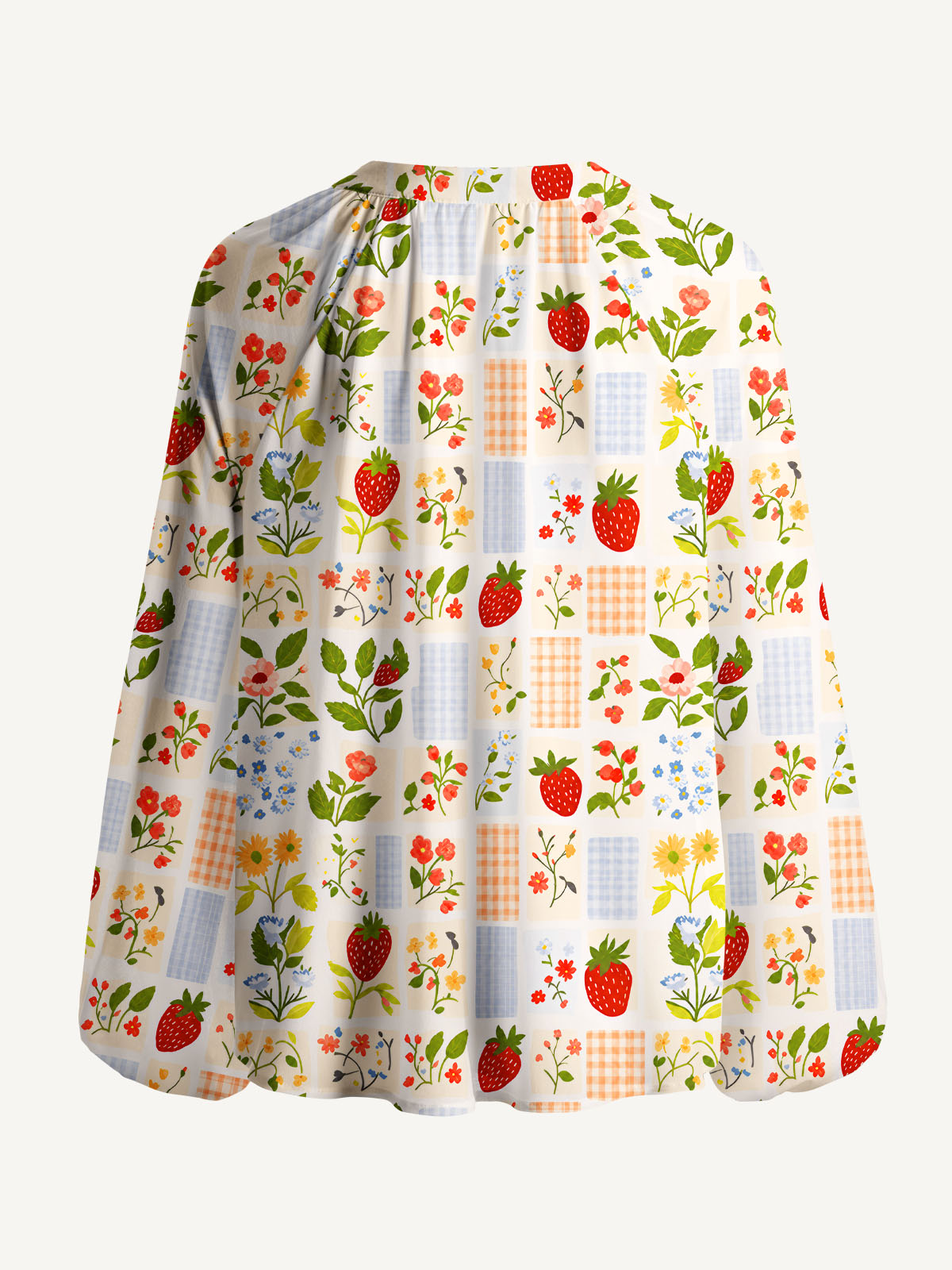 Strawberry Garden Patchwork Print Boho Long Sleeve Tie‑Neck Blouse