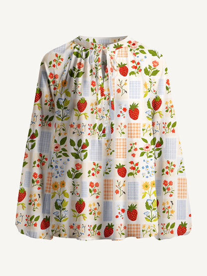 Strawberry Garden Patchwork Print Boho Long Sleeve Tie‑Neck Blouse