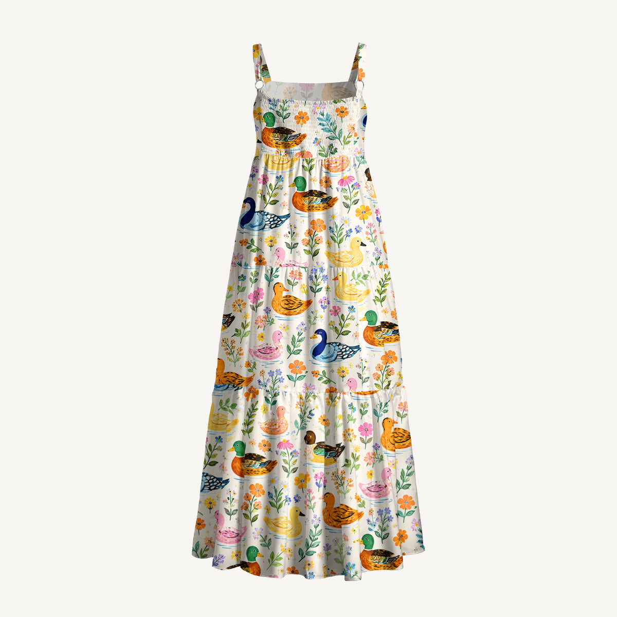 Colorful Duck Art Print Wide Straps Maxi Dress With Pockets