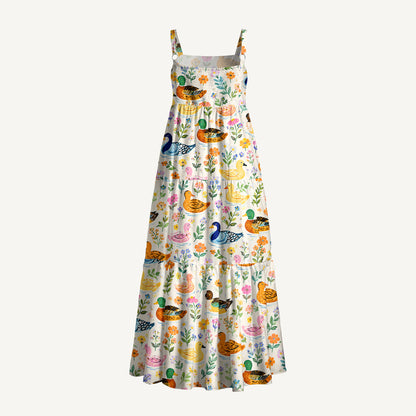 Colorful Duck Art Print Wide Straps Maxi Dress With Pockets