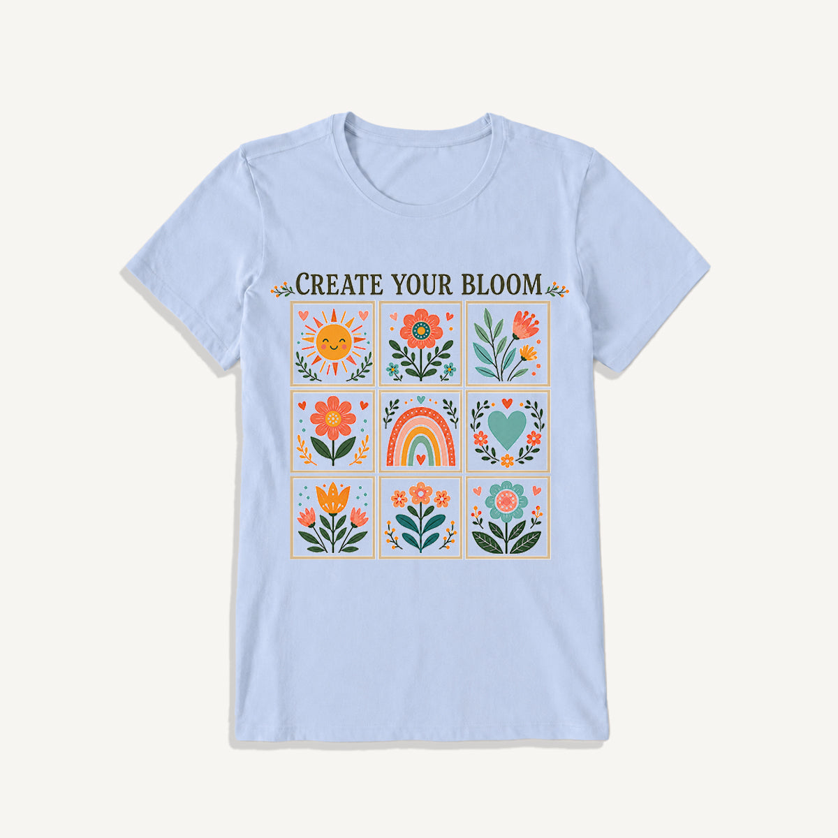 Folk Art Bloom Grid Print Crew Neck Cotton Tee