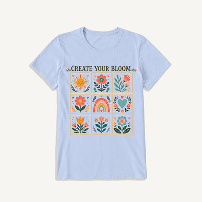 Folk Art Bloom Grid Print Crew Neck Cotton Tee