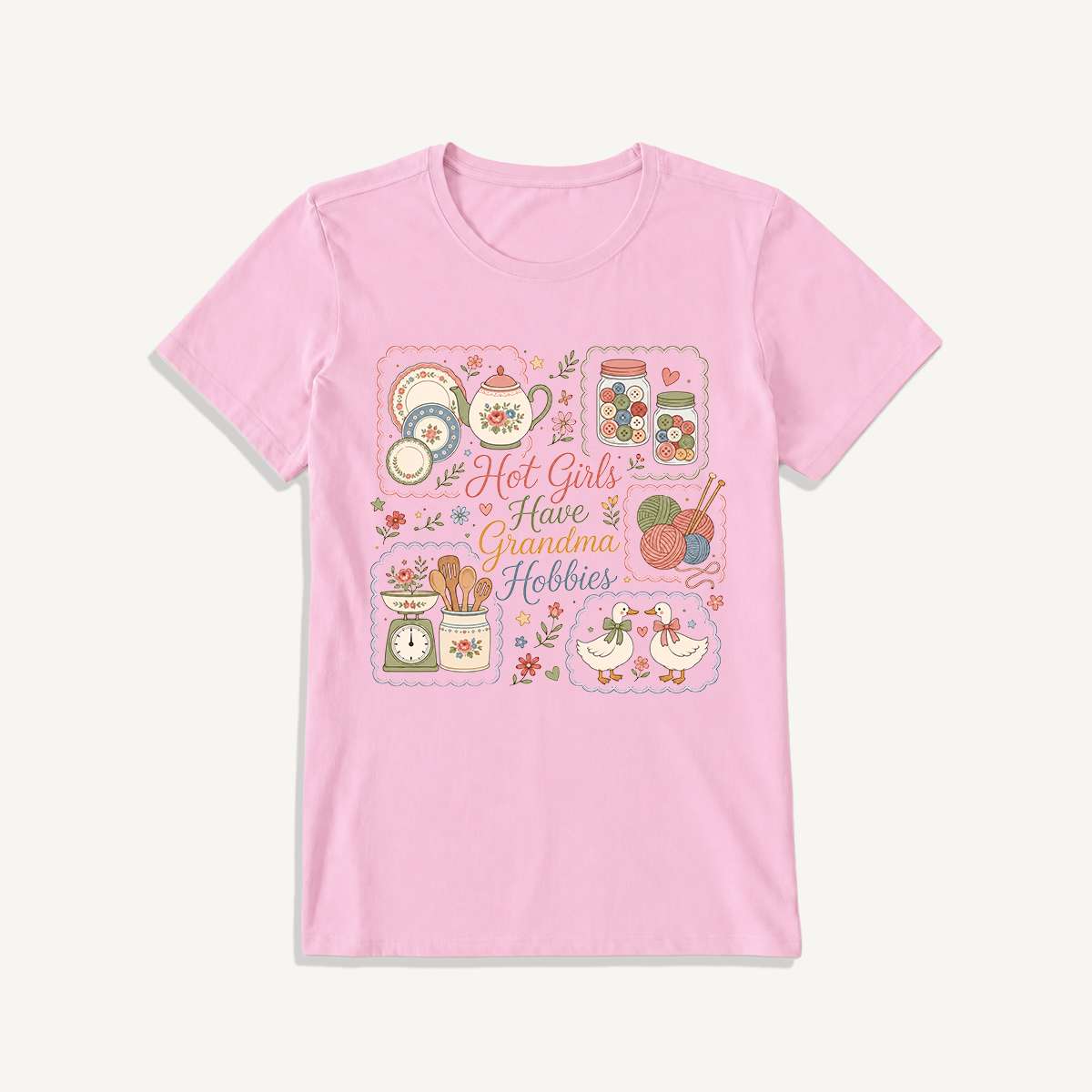 Grandma Hobbies Craft Cottage Print Crew Neck Cotton Tee