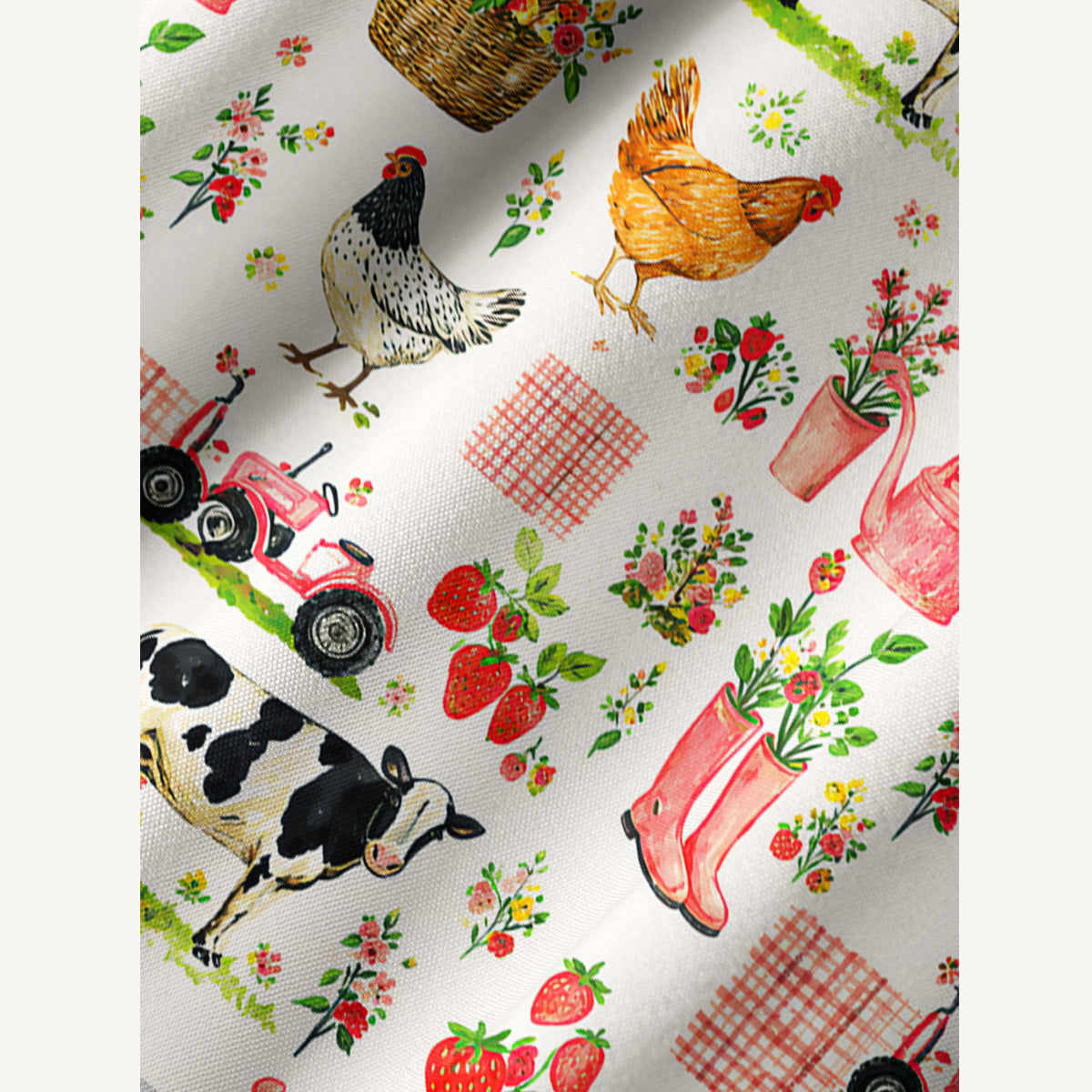 Watercolor Pink Farm Chicken Print Boho Long Sleeve Tie‑Neck Smock Mini Dress