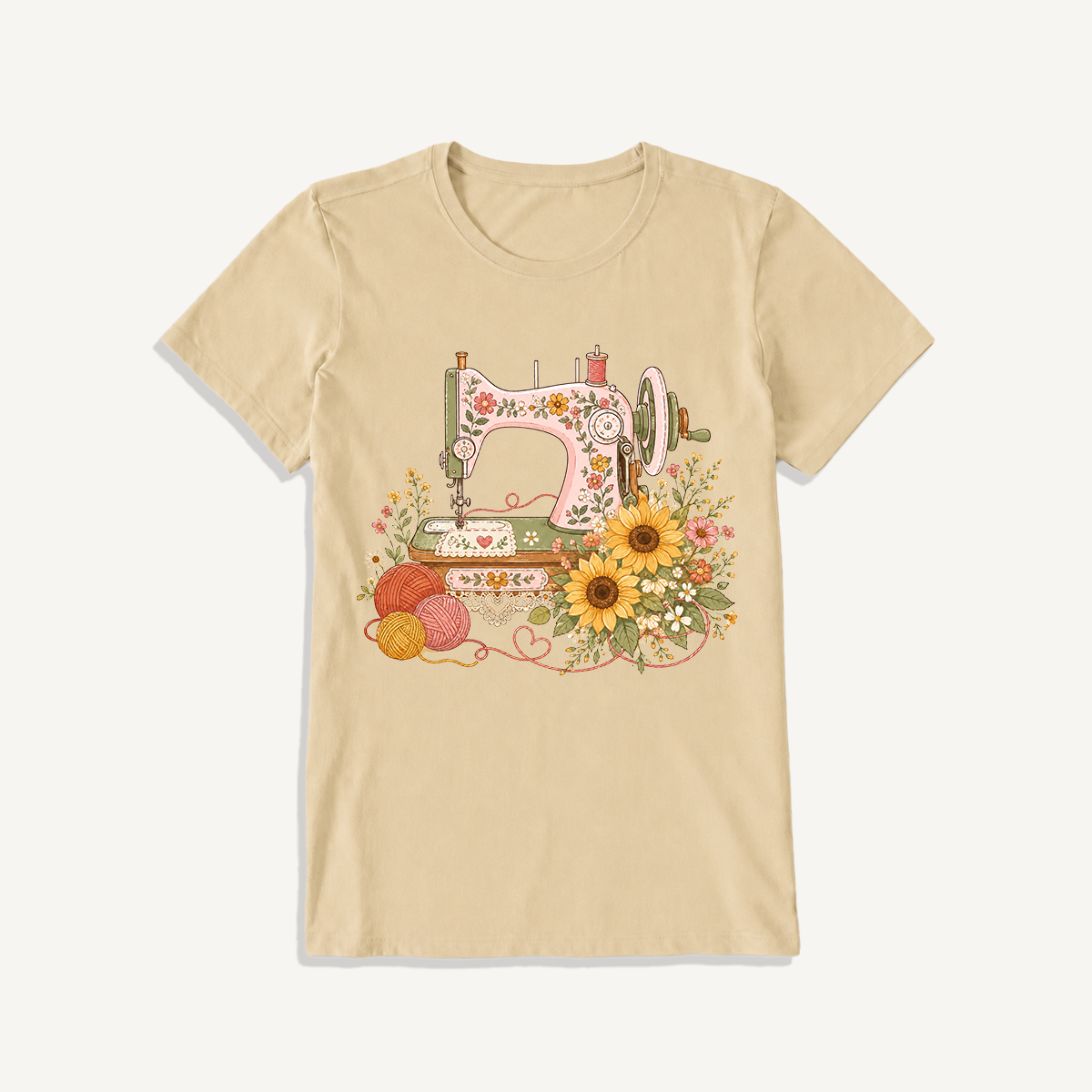 Vintage Floral Sewing Nook Print Crew Neck Cotton Tee