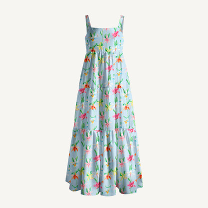 Colourful Orchid Print Wide Straps Maxi Dress With Pockets