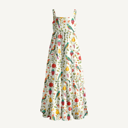 Vintage Orchard Birds Print Wide Straps Maxi Dress With Pockets