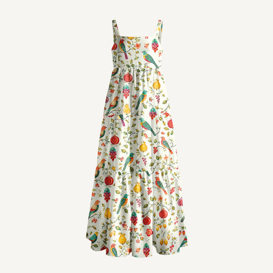 Vintage Orchard Birds Print Wide Straps Maxi Dress With Pockets