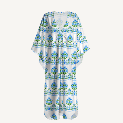 V‑Neck Azure Folk Kimono Sleeve Kaftan Dress