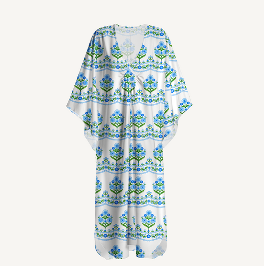 V‑Neck Azure Folk Kimono Sleeve Kaftan Dress