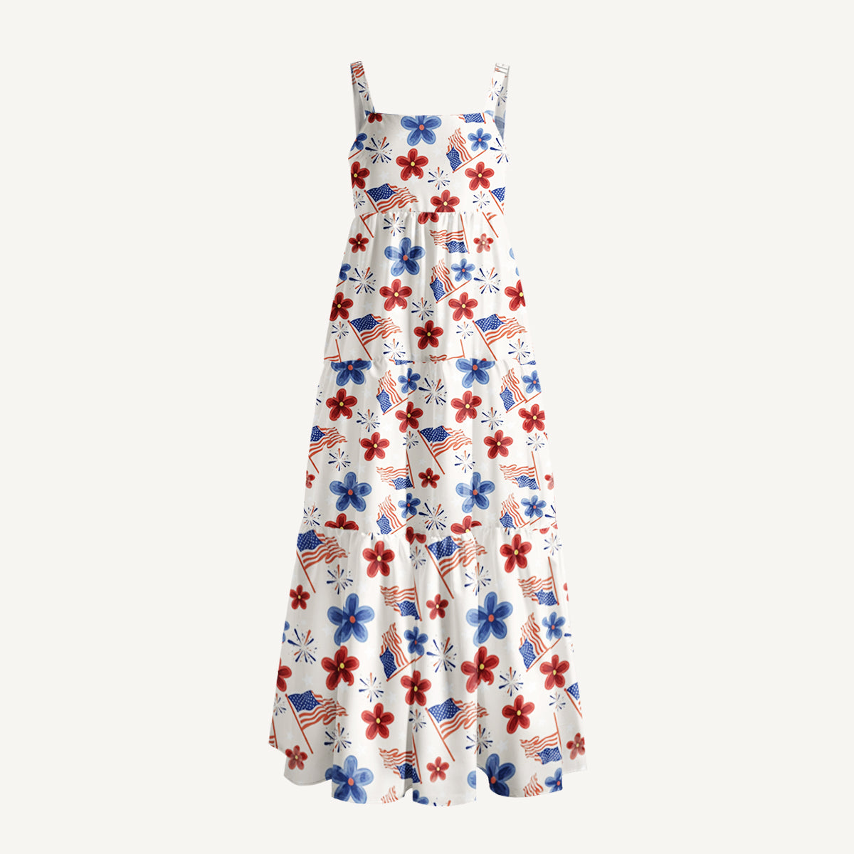 Patriotic Blossom Flag Print Wide Straps Maxi Dress With Pockets