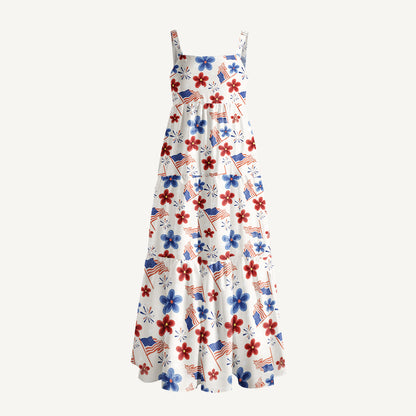 Patriotic Blossom Flag Print Wide Straps Maxi Dress With Pockets