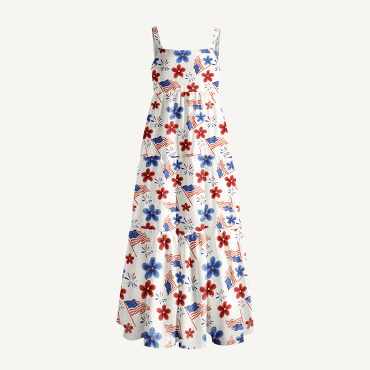Patriotic Blossom Flag Print Wide Straps Maxi Dress With Pockets