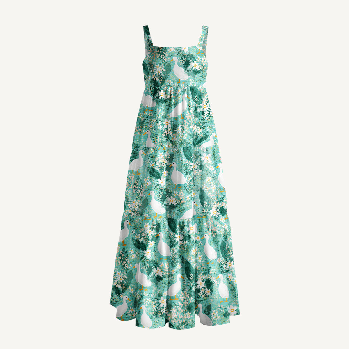 Farmhouse Ducks Print Wide Straps Maxi Dress With Pockets
