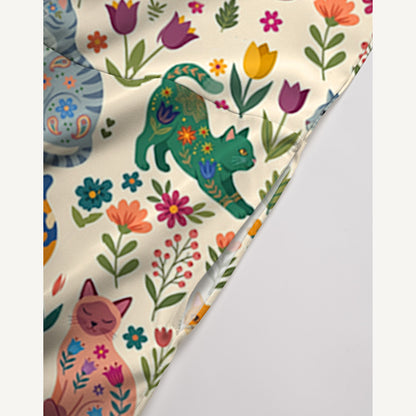Cute Flower Cat Print Boho Jumpsuit with Pockets for Women
