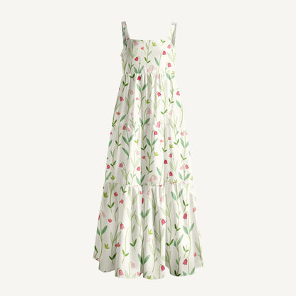 Pastel Tulip Garden Print Wide Straps Maxi Dress With Pockets