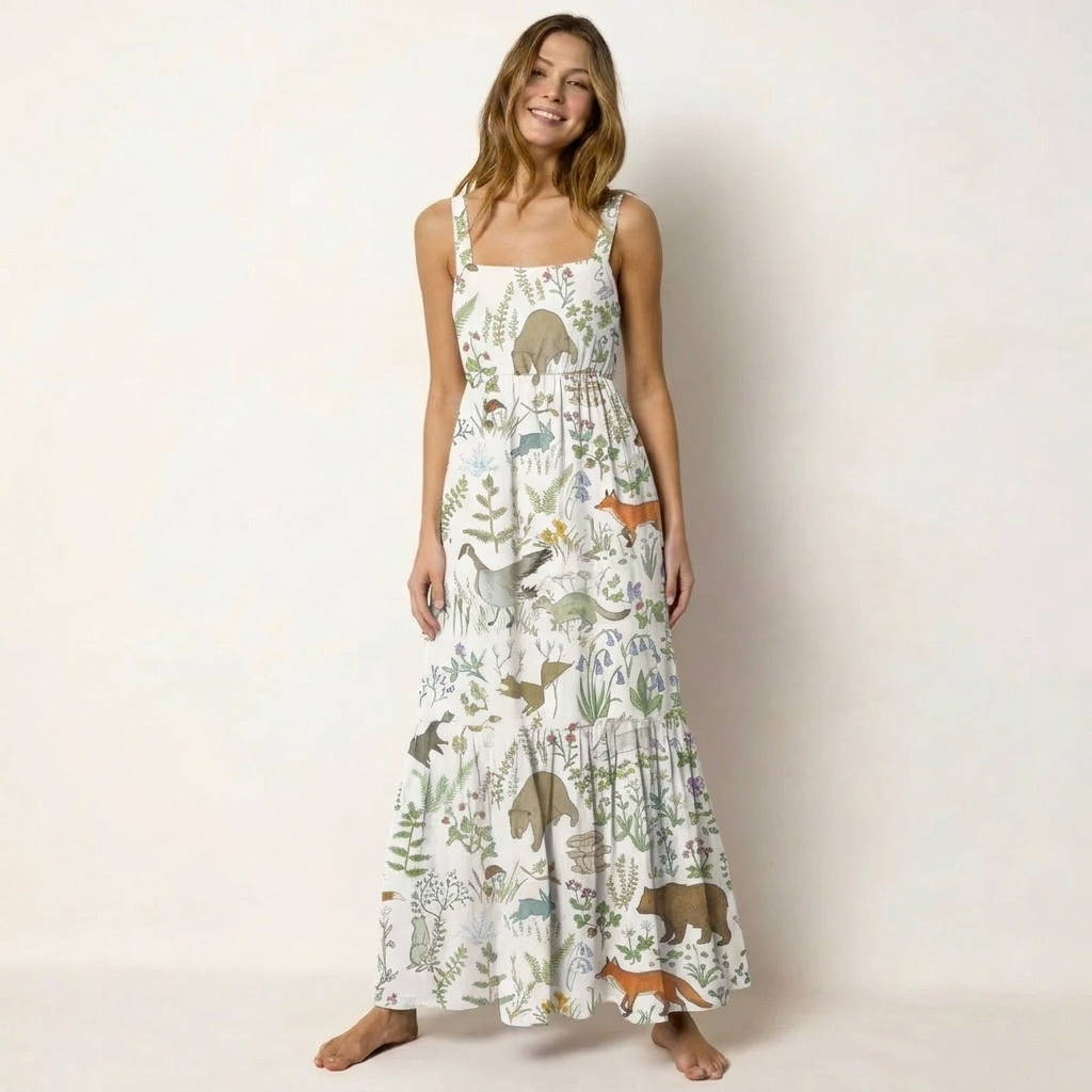 Forest Animal Print Wide Straps Maxi Dress With Pockets