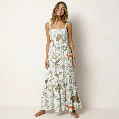 Forest Animal Print Wide Straps Maxi Dress With Pockets