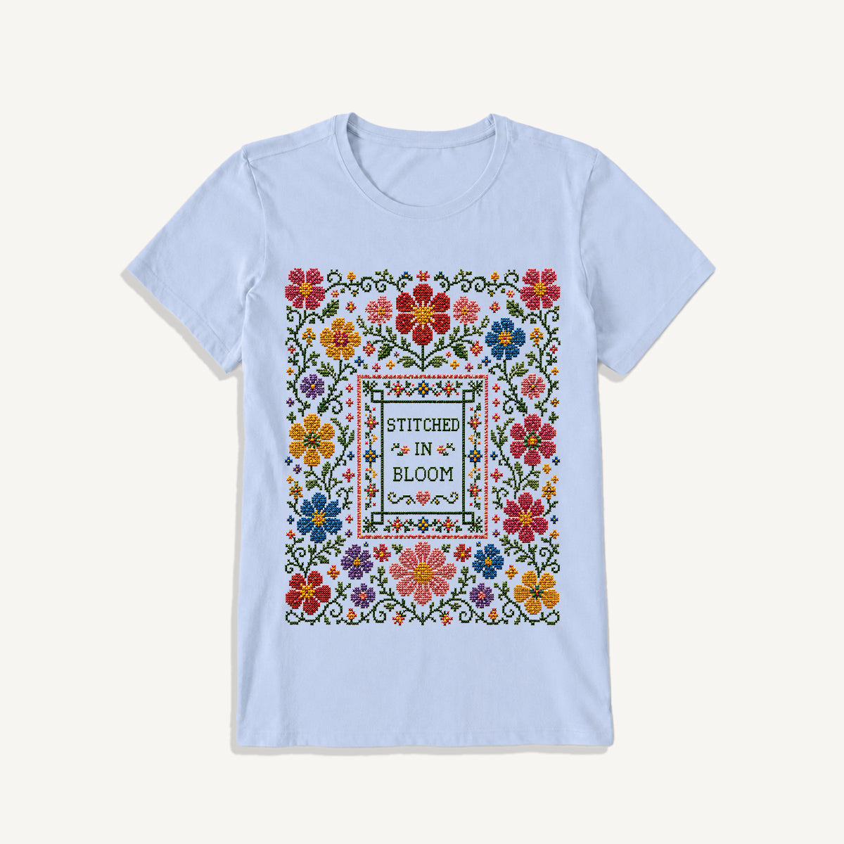 Blooming Folk Floral Cross-Stitch Print Crew Neck Cotton Tee
