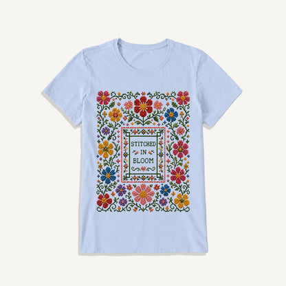 Blooming Folk Floral Cross-Stitch Print Crew Neck Cotton Tee