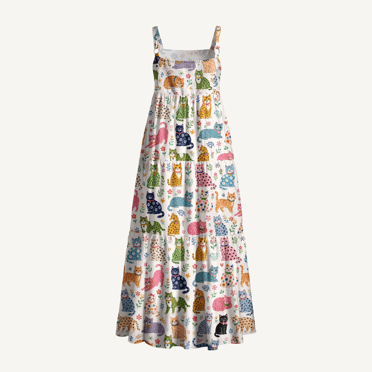 Playful Cats Floral Print Wide Straps Maxi Dress With Pockets