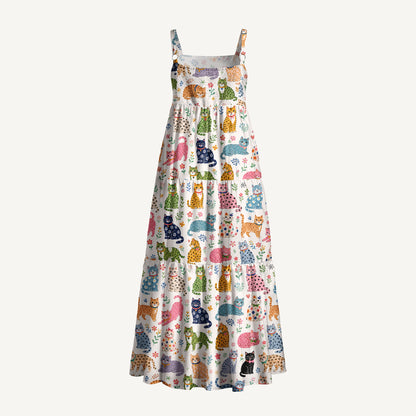 Playful Cats Floral Print Wide Straps Maxi Dress With Pockets