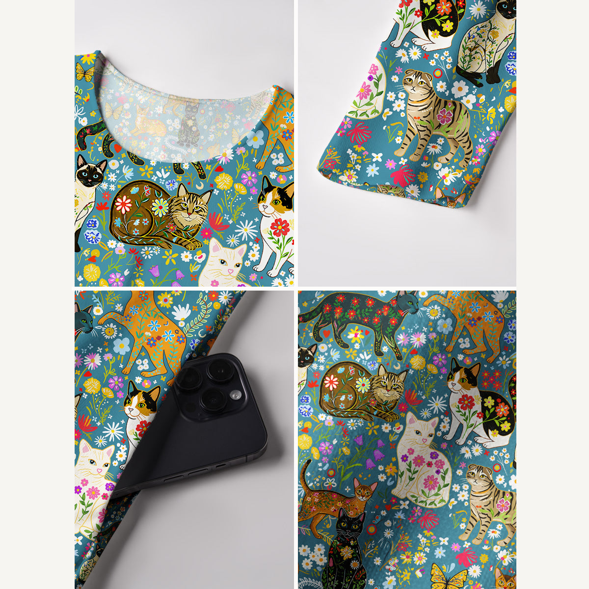 Colorful Garden Cat Pattern Print Soft-Touch Stretch Knit Long Sleeve Maxi Dress with Pockets
