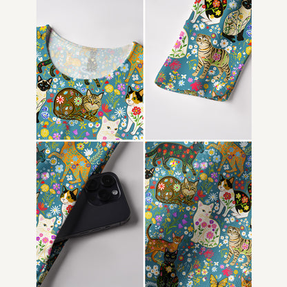 Colorful Garden Cat Pattern Print Soft-Touch Stretch Knit Long Sleeve Maxi Dress with Pockets
