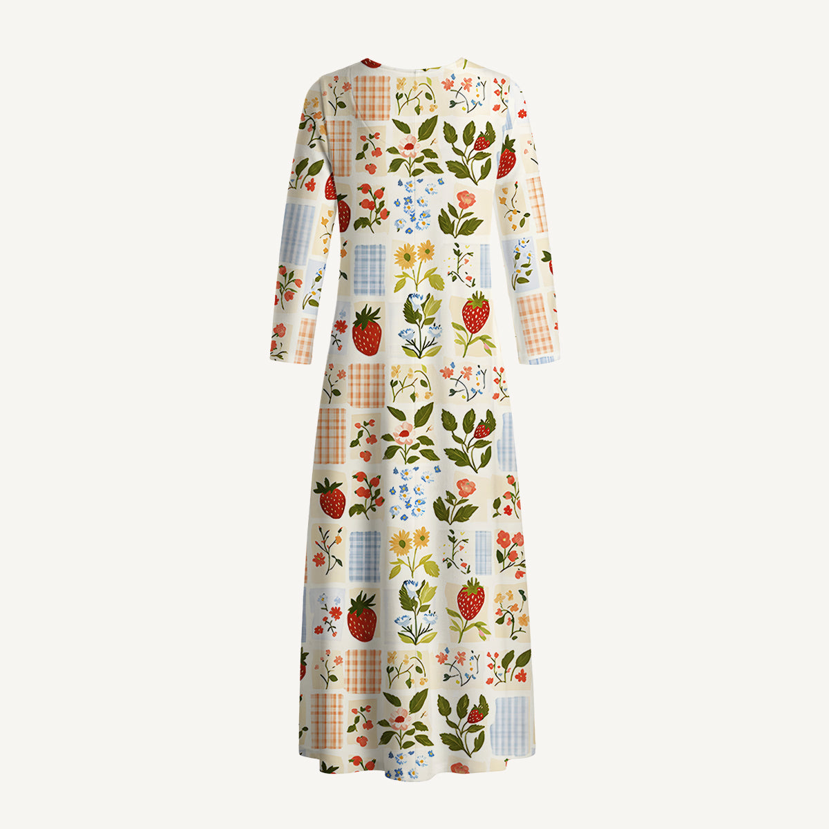 Strawberry Garden Patchwork Print Soft-Touch Stretch Knit Long Sleeve Maxi Dress with Pockets