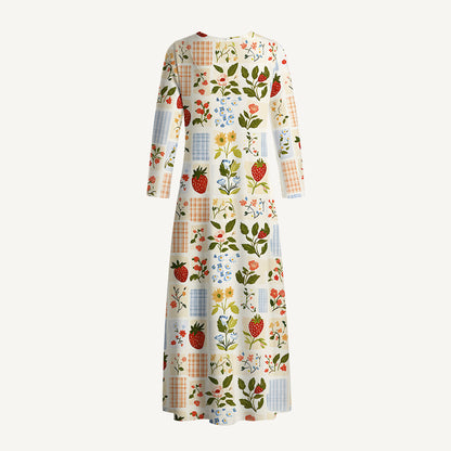 Strawberry Garden Patchwork Print Soft-Touch Stretch Knit Long Sleeve Maxi Dress with Pockets