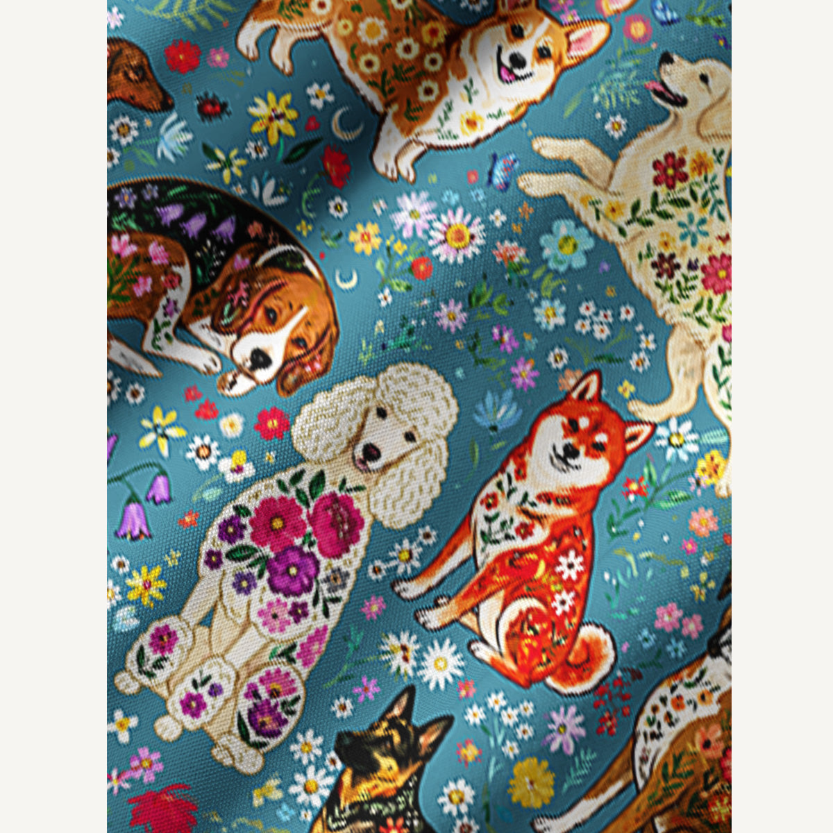 Cute Flower Dog Print Boho Tie‑Neck Smock Mini Dress