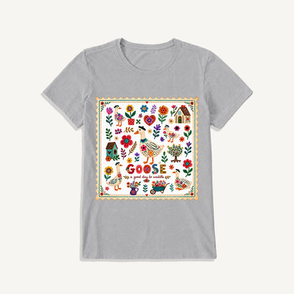 Floral Goose Garden Print Crew Neck Cotton Tee