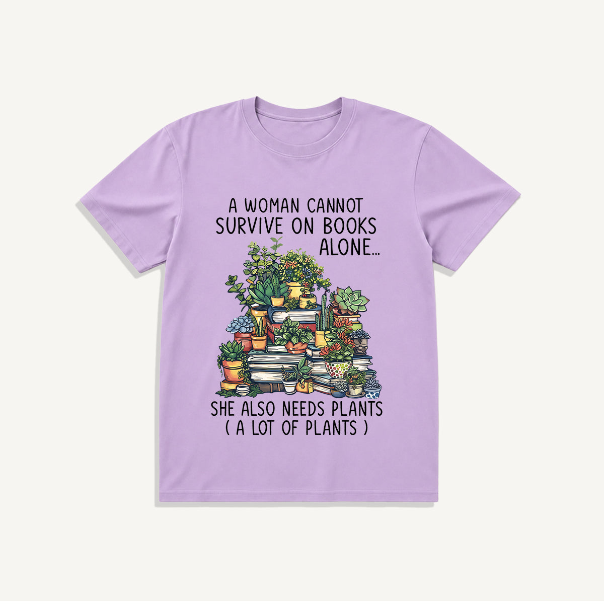 Books and Potted Plants Print Crew Neck Cotton Tee