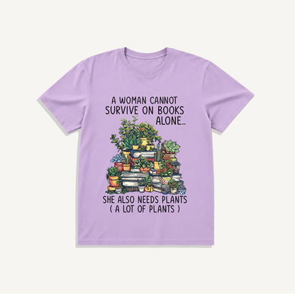 Books and Potted Plants Print Crew Neck Cotton Tee