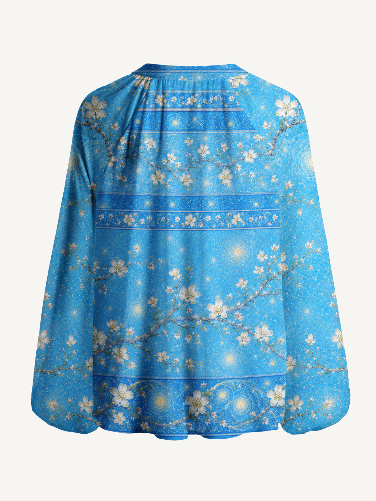 Night Garden Starry Print Boho Long Sleeve Tie‑Neck Blouse