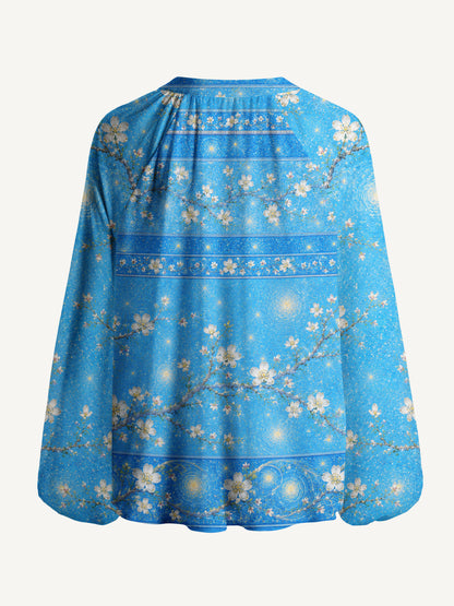 Night Garden Starry Print Boho Long Sleeve Tie‑Neck Blouse