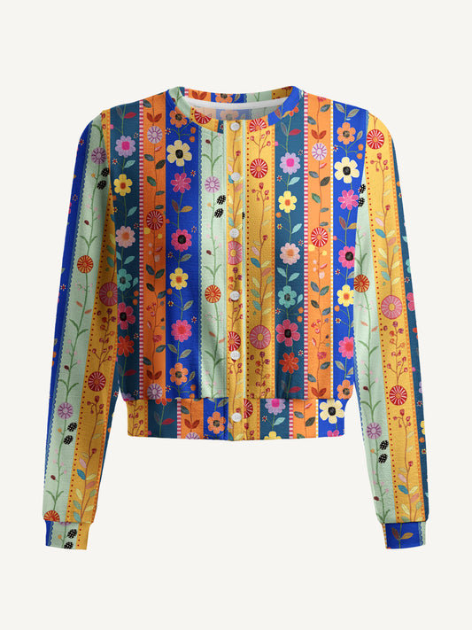 Lightweight Crew Neck Long‑Sleeve Cropped Rainbow Garden Colorblock Print Fine‑Knit Cardigan