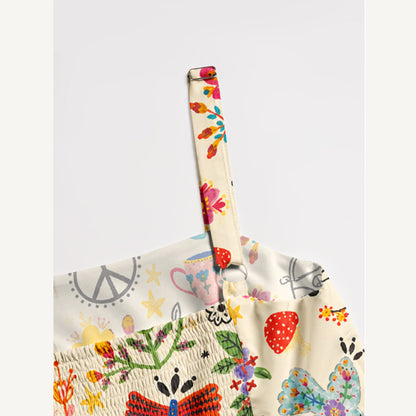 Boho Rainbow Folk Art Print Wide Straps Maxi Dress With Pockets