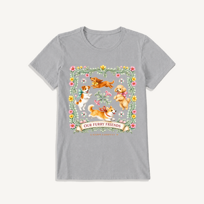 Playful Furry Friends Print Crew Neck Cotton Tee