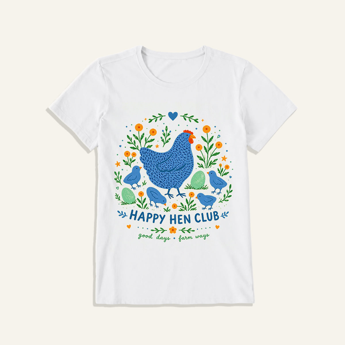 Blue Hen and Chicks Garden Print Crew Neck Cotton Tee