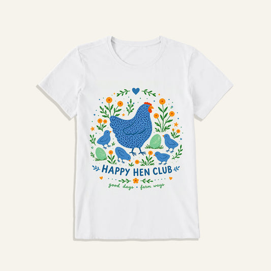 Blue Hen and Chicks Garden Print Crew Neck Cotton Tee