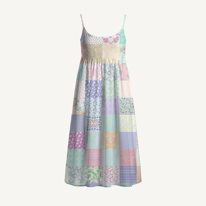 Vintage Quilt Patchwork Spaghetti Strap Mini Dress