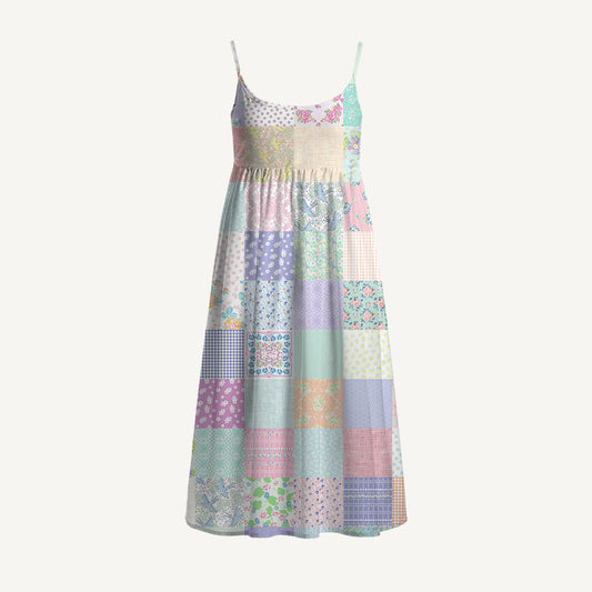Vintage Quilt Patchwork Spaghetti Strap Mini Dress