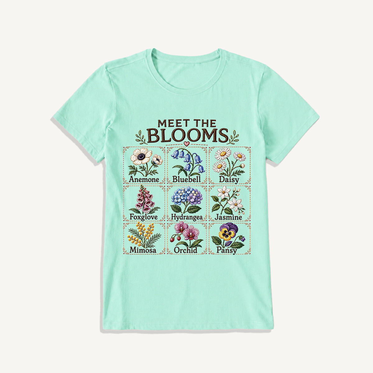 Meet the Blooms Embroidery Chart Print Crew Neck Cotton Tee