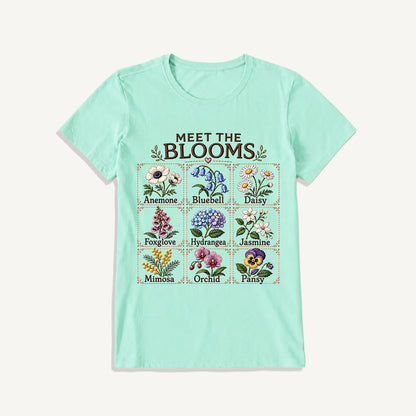 Meet the Blooms Embroidery Chart Print Crew Neck Cotton Tee